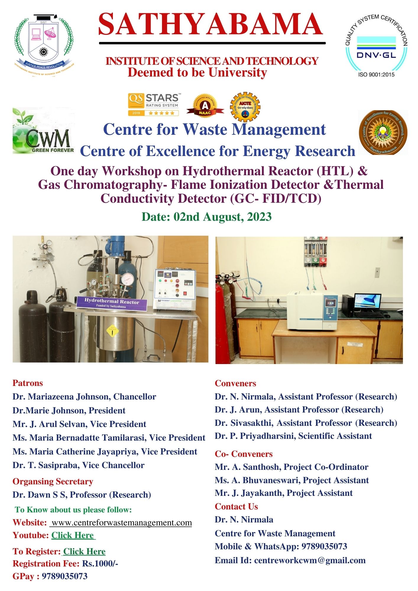 One Day Workshop on Hydrothermal Reactor and Gas Chromatography- Flame Ionization Detector - Thermal Conductivity Detector (GC- FID/TCD) 2023